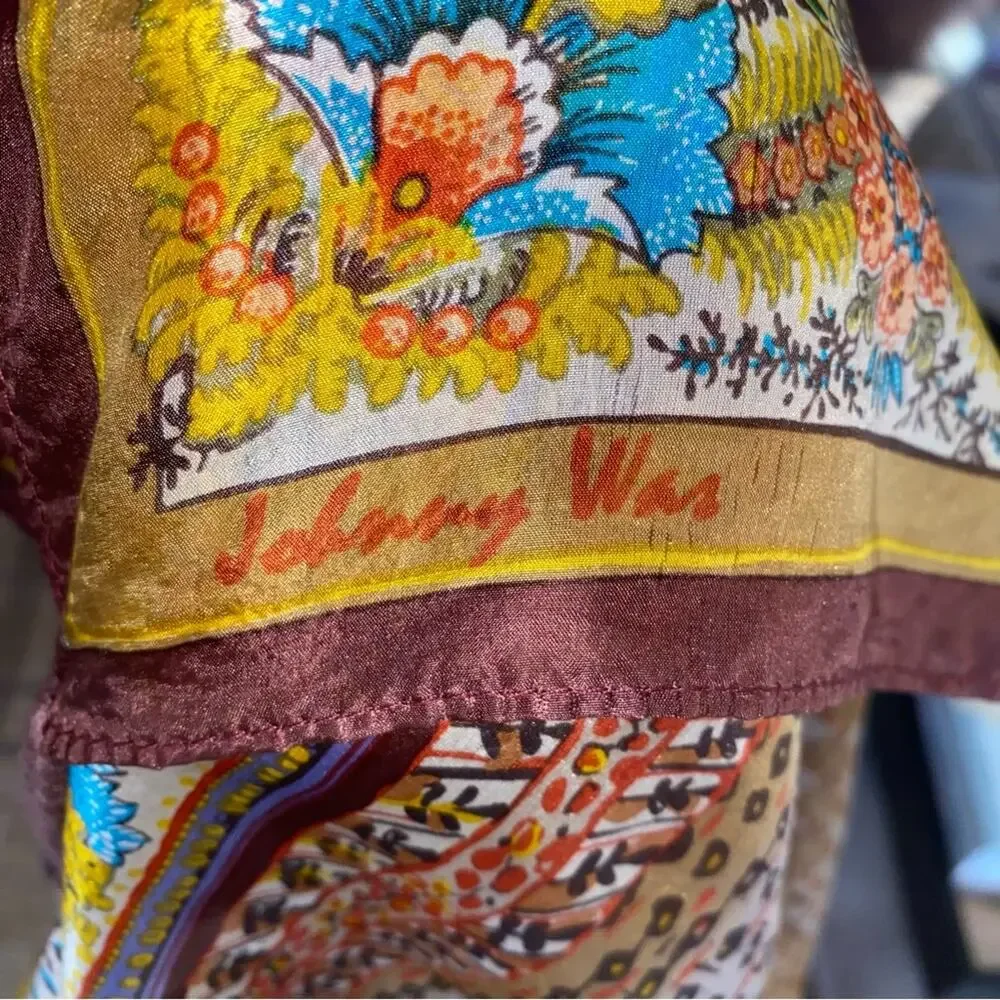 Johnny Was $110 Silk Boho Brown Gold Turquoise Block Print Tassel Scarf EUC
